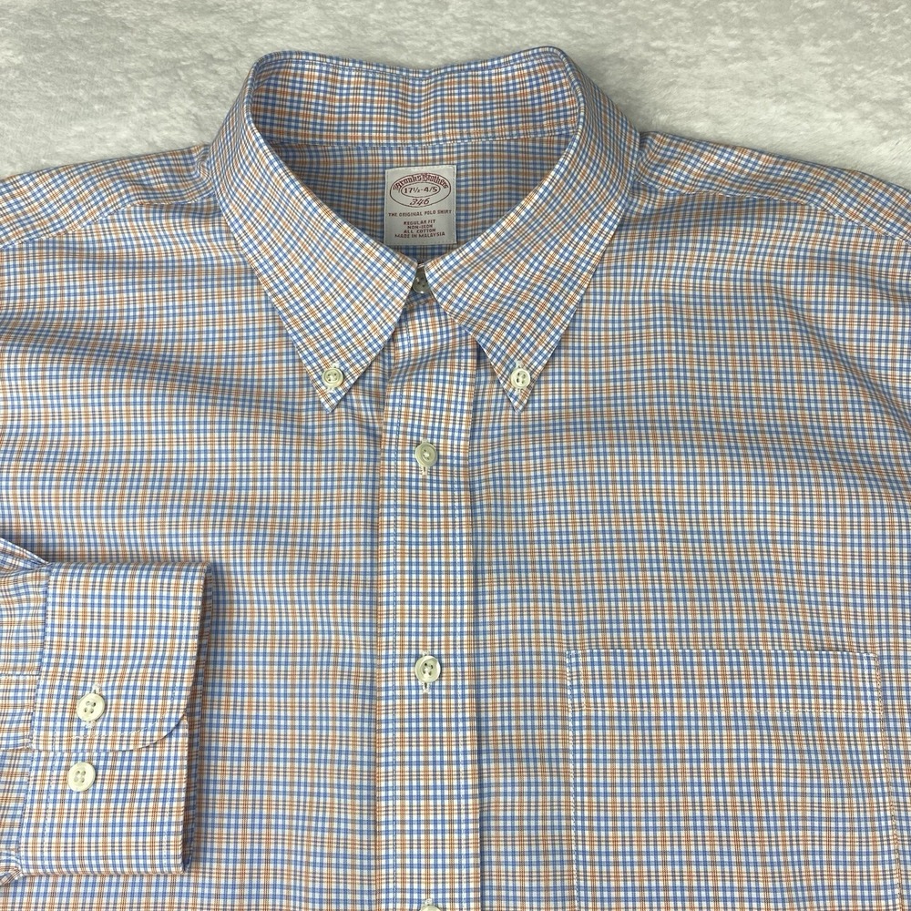 Brooks Brothers Dress Shirt Mens 17.5-4/5 Orange/Blue Checks Regular Fit No Iron